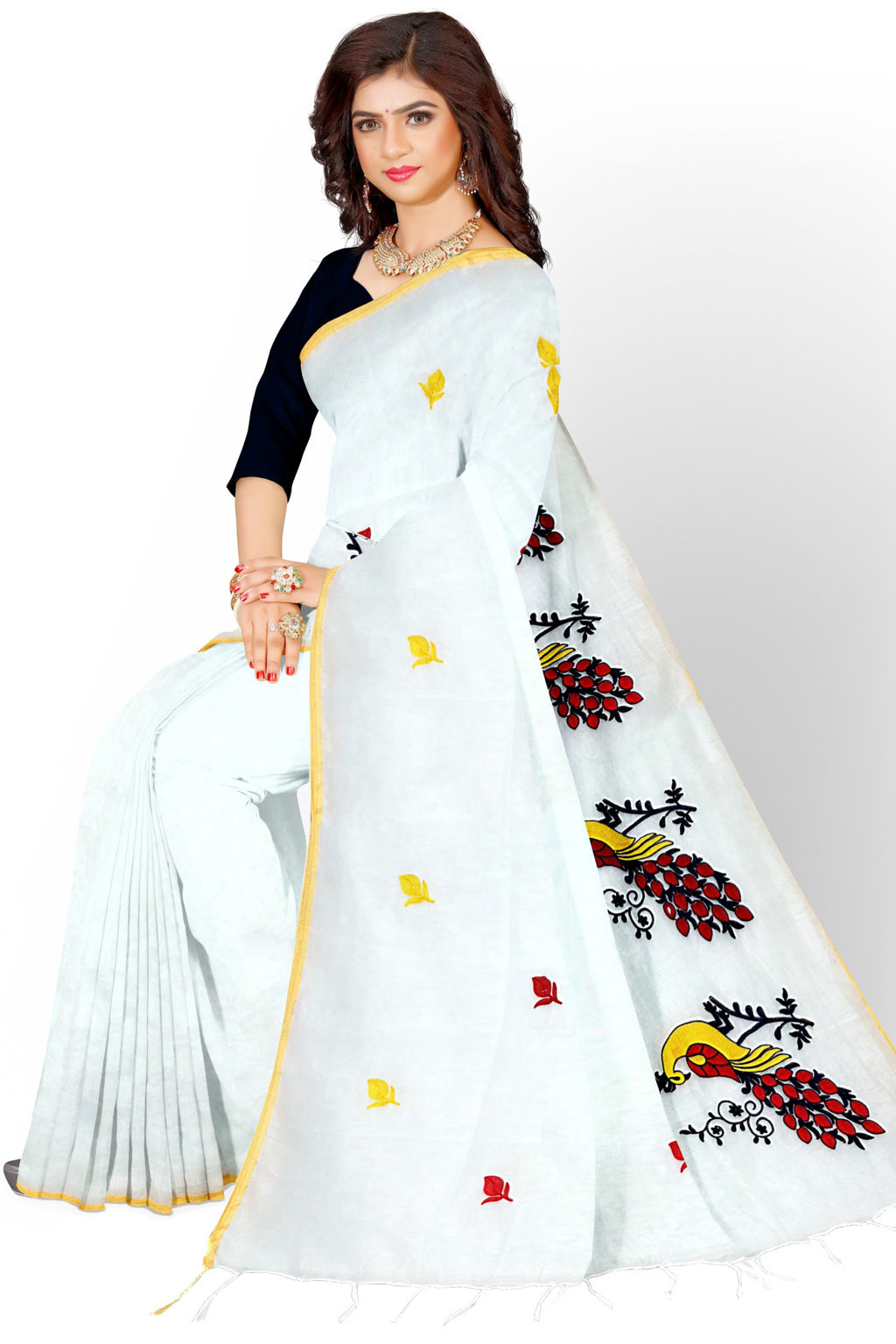 White Blended Cotton Mayuri Hand Hand Loom Saree (1115)